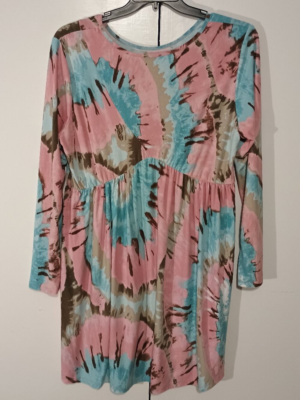 EGS California 2XL Pink Blue Tie Dye Babydoll Long Sleeve Stretch Dress - Picture 2 of 8